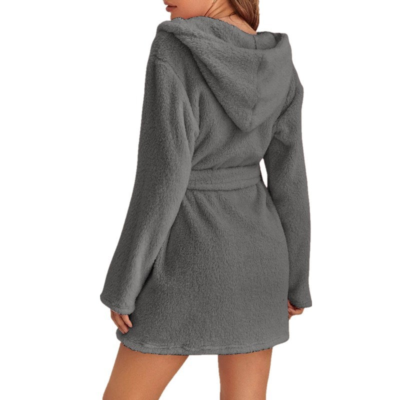 Dark Grey 2XL Size Women's Ultra-Thick Plush Robe with Large Hood & Pockets  - Warm Winter Double-Layer Sherpa Fleece Lounge, Bathrobe & Nightwear