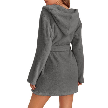 Dark Grey 2XL Size Women's Ultra-Thick Plush Robe with Large Hood & Pockets  - Warm Winter Double-Layer Sherpa Fleece Lounge, Bathrobe & Nightwear