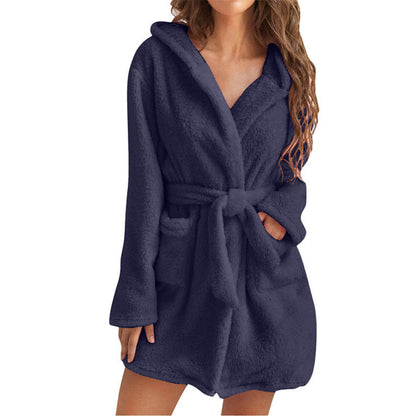 Dark Blue 2XL Size Women's Ultra-Thick Plush Robe with Large Hood & Pockets  - Warm Winter Double-Layer Sherpa Fleece Lounge, Bathrobe & Nightwear