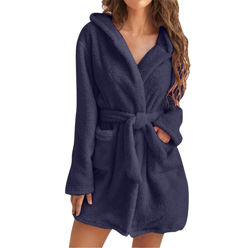 Dark Blue 5XL Size Women's Ultra-Thick Plush Robe with Large Hood & Pockets  - Warm Winter Double-Layer Sherpa Fleece Lounge, Bathrobe & Nightwear