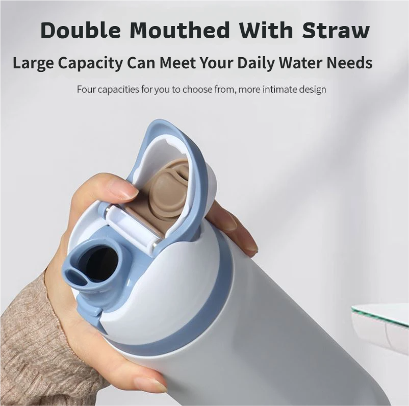 24oz Pink Large Thermal Water Bottle with Dual-Sipping Lid & Built-in Straw - Leak-Proof 304 Stainless Steel Outdoor Sports Flask
