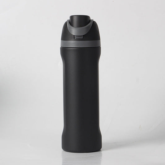 24oz Black Large Thermal Water Bottle with Dual-Sipping Lid & Built-in Straw - Leak-Proof 304 Stainless Steel Outdoor Sports Flask