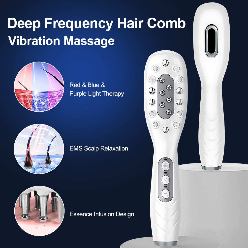 White Porrtable EMS Vibration Scalp Massager & Hair Growth Comb - Tri-Color LED Therapy, 8 Gentle Comb Teeth | 6 EMS Teeth | 6 Essence-Dispensing Teeth for Even Application & Hair Rescue