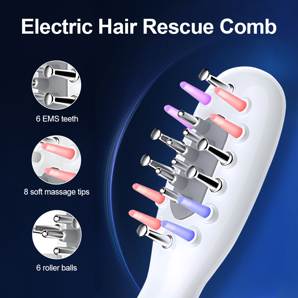 White Porrtable EMS Vibration Scalp Massager & Hair Growth Comb - Tri-Color LED Therapy, 8 Gentle Comb Teeth | 6 EMS Teeth | 6 Essence-Dispensing Teeth for Even Application & Hair Rescue