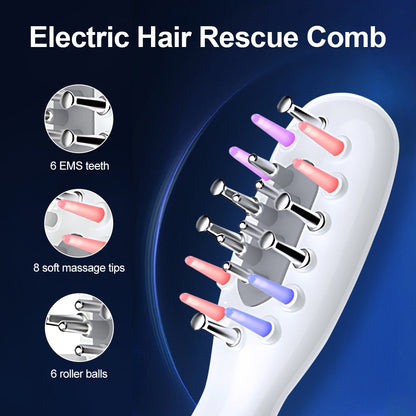 White Porrtable EMS Vibration Scalp Massager & Hair Growth Comb - Tri-Color LED Therapy, 8 Gentle Comb Teeth | 6 EMS Teeth | 6 Essence-Dispensing Teeth for Even Application & Hair Rescue