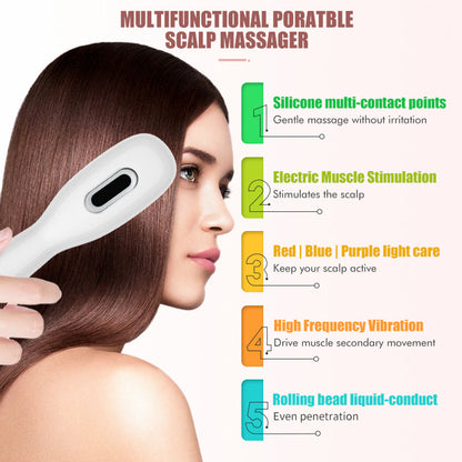 White Porrtable EMS Vibration Scalp Massager & Hair Growth Comb - Tri-Color LED Therapy, 8 Gentle Comb Teeth | 6 EMS Teeth | 6 Essence-Dispensing Teeth for Even Application & Hair Rescue