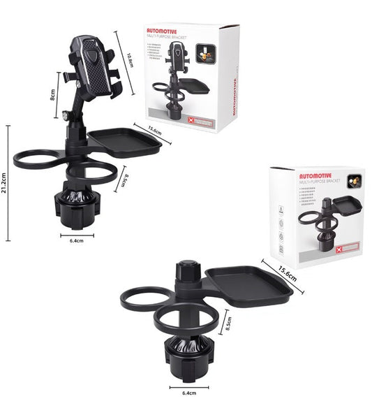 2-Pack (2-in-1 Standard Version & 3-in-1 Pro Phone Mount Version) Car Rotating Dinner Tray & Double Cup Holder with Secure Phone Mount - Car Cup Slot Swivel Expander and Snacks & Drinks Organizer