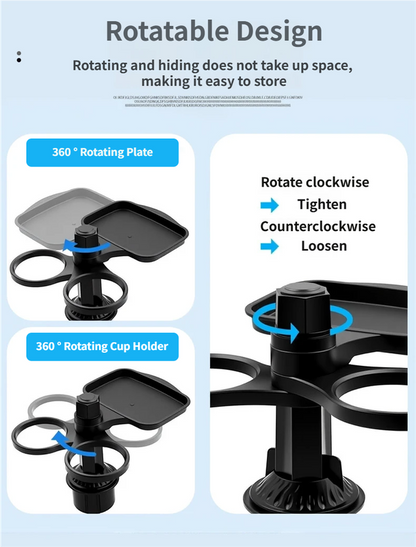 2-Pack (2-in-1 Standard Version & 3-in-1 Pro Phone Mount Version) Car Rotating Dinner Tray & Double Cup Holder with Secure Phone Mount - Car Cup Slot Swivel Expander and Snacks & Drinks Organizer