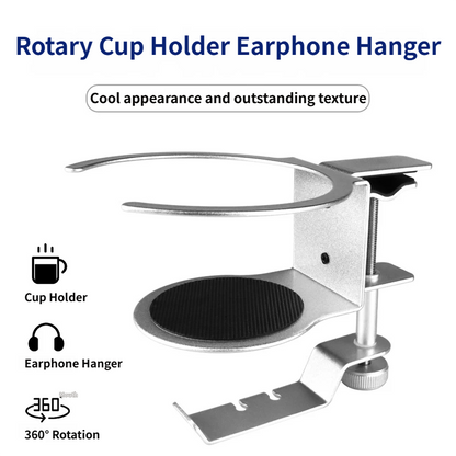 2-in-1 Under-Desk Metal Headphone Hanger &  Anti-Spill Cup Holder - No-Drill Heavy-Duty Desk Adjustable Clamp and 360Â° Swivel Hook