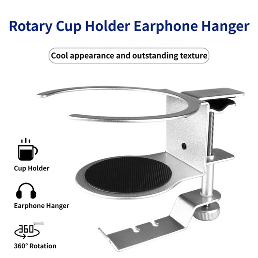 2-in-1 Under-Desk Metal Headphone Hanger &  Anti-Spill Cup Holder - No-Drill Heavy-Duty Desk Adjustable Clamp and 360Â° Swivel Hook
