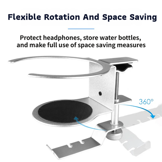 2-in-1 Under-Desk Metal Headphone Hanger &  Anti-Spill Cup Holder - No-Drill Heavy-Duty Desk Adjustable Clamp and 360Â° Swivel Hook