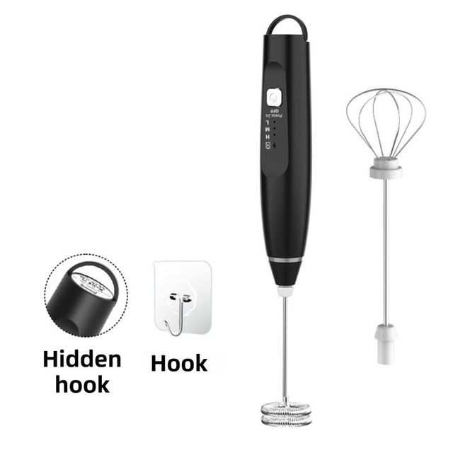 Black Wireless 3-Speed Milk Frother & Egg Whisk with Dual Mixing Heads & Hidden Hook - Handheld USB Rechargeable Foam Maker for Coffee, Cream & Baking