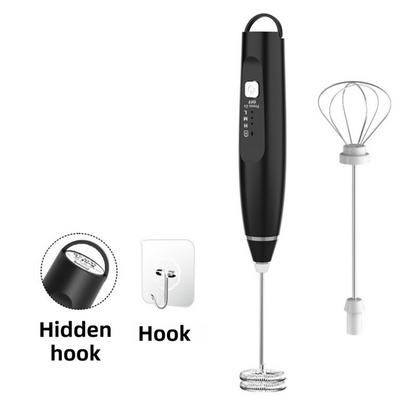 Black Wireless 3-Speed Milk Frother & Egg Whisk with Dual Mixing Heads & Hidden Hook - Handheld USB Rechargeable Foam Maker for Coffee, Cream & Baking