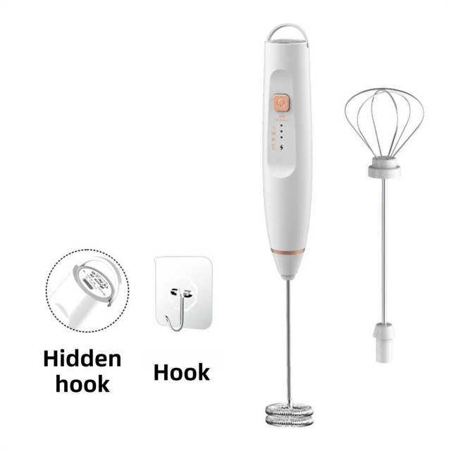 White Wireless 3-Speed Milk Frother & Egg Whisk with Dual Mixing Heads & Hidden Hook - Handheld USB Rechargeable Foam Maker for Coffee, Cream & Baking