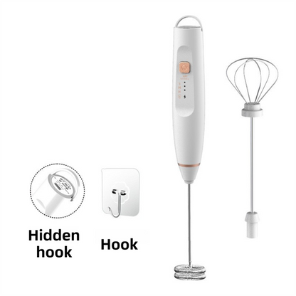 White Wireless 3-Speed Milk Frother & Egg Whisk with Dual Mixing Heads & Hidden Hook - Handheld USB Rechargeable Foam Maker for Coffee, Cream & Baking