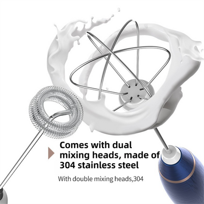 White Wireless 3-Speed Milk Frother & Egg Whisk with Dual Mixing Heads & Hidden Hook - Handheld USB Rechargeable Foam Maker for Coffee, Cream & Baking