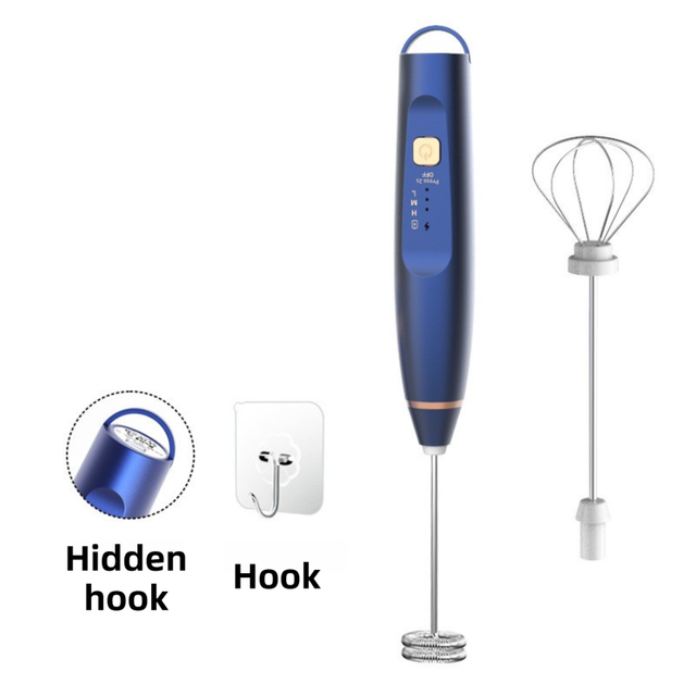 Blue Wireless 3-Speed Milk Frother & Egg Whisk with Dual Mixing Heads & Hidden Hook - Handheld USB Rechargeable Foam Maker for Coffee, Cream & Baking