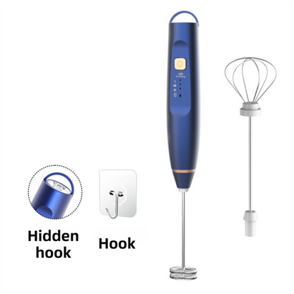 Blue Wireless 3-Speed Milk Frother & Egg Whisk with Dual Mixing Heads & Hidden Hook - Handheld USB Rechargeable Foam Maker for Coffee, Cream & Baking