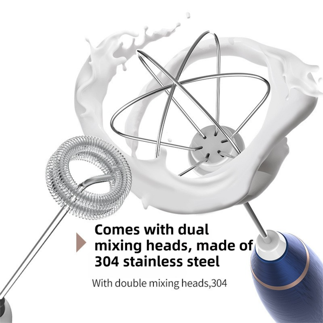 Blue Wireless 3-Speed Milk Frother & Egg Whisk with Dual Mixing Heads & Hidden Hook - Handheld USB Rechargeable Foam Maker for Coffee, Cream & Baking