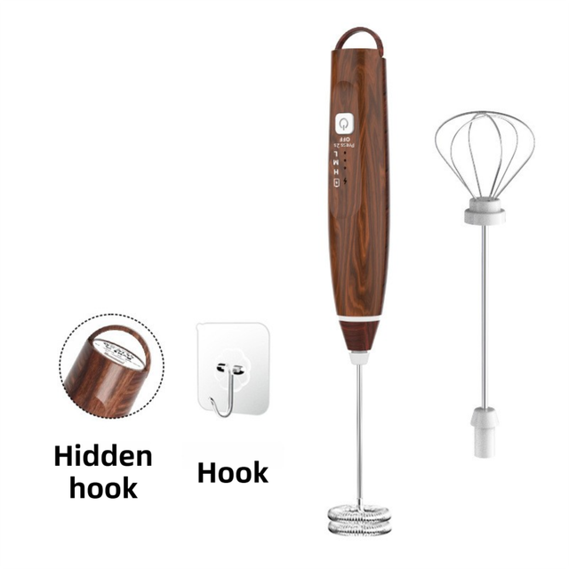Wood Grain Wireless 3-Speed Milk Frother & Egg Whisk with Dual Mixing Heads & Hidden Hook - Handheld USB Rechargeable Foam Maker for Coffee, Cream & Baking