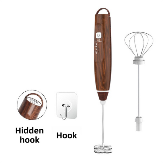 Wood Grain Wireless 3-Speed Milk Frother & Egg Whisk with Dual Mixing Heads & Hidden Hook - Handheld USB Rechargeable Foam Maker for Coffee, Cream & Baking