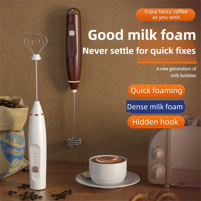 Wood Grain Wireless 3-Speed Milk Frother & Egg Whisk with Dual Mixing Heads & Hidden Hook - Handheld USB Rechargeable Foam Maker for Coffee, Cream & Baking