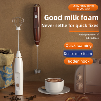 Wood Grain Wireless 3-Speed Milk Frother & Egg Whisk with Dual Mixing Heads & Hidden Hook - Handheld USB Rechargeable Foam Maker for Coffee, Cream & Baking
