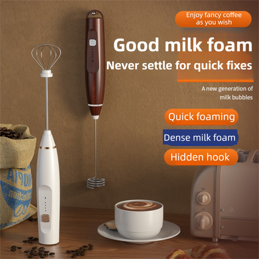 Wood Grain Wireless 3-Speed Milk Frother & Egg Whisk with Dual Mixing Heads & Hidden Hook - Handheld USB Rechargeable Foam Maker for Coffee, Cream & Baking
