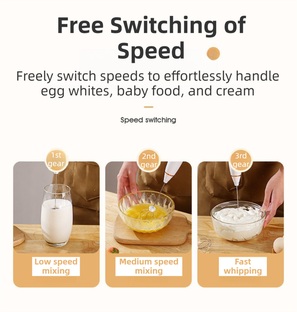 Wood Grain Wireless 3-Speed Milk Frother & Egg Whisk with Dual Mixing Heads & Hidden Hook - Handheld USB Rechargeable Foam Maker for Coffee, Cream & Baking