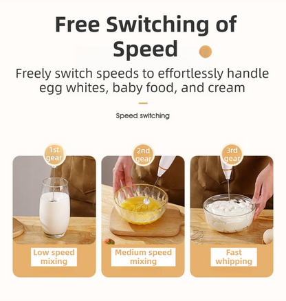 Wood Grain Wireless 3-Speed Milk Frother & Egg Whisk with Dual Mixing Heads & Hidden Hook - Handheld USB Rechargeable Foam Maker for Coffee, Cream & Baking