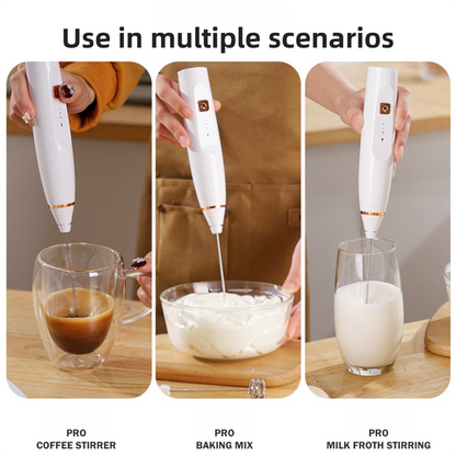 Wood Grain Wireless 3-Speed Milk Frother & Egg Whisk with Dual Mixing Heads & Hidden Hook - Handheld USB Rechargeable Foam Maker for Coffee, Cream & Baking