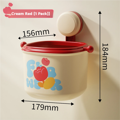 Cream Red Cute Suction Cup Wall-Mounted Trash Bin with Bag Press Ring and Wide Opening - Multifunctional Organizer & Waste Basket for Office Living Room And Bedroom