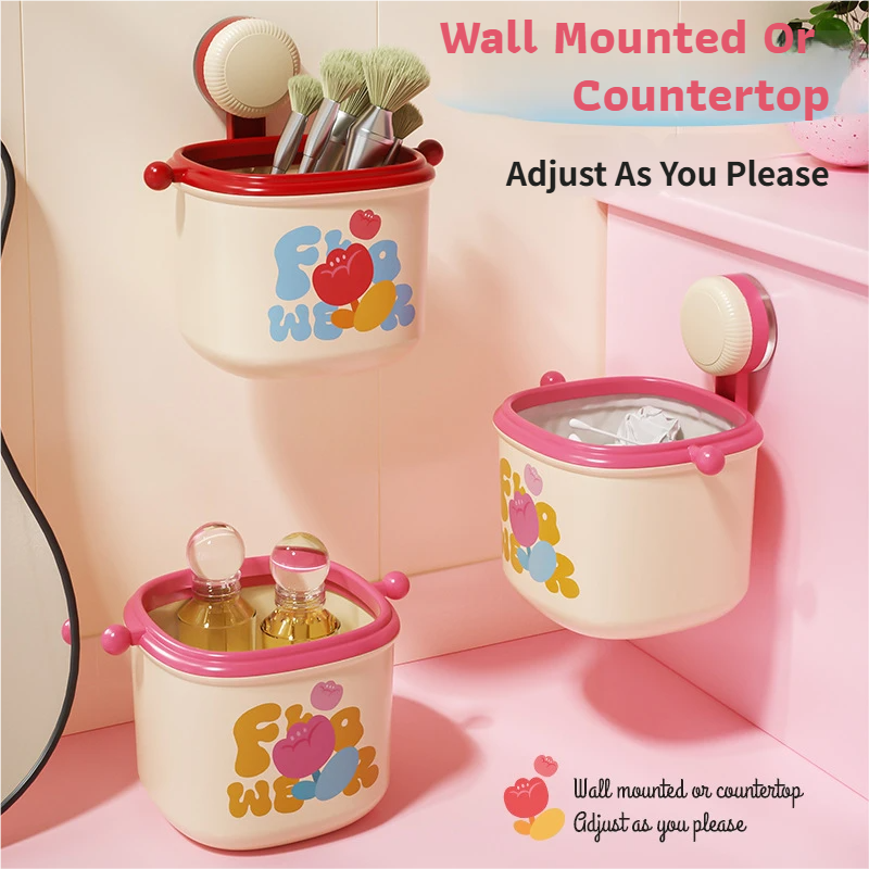 Cream Red Cute Suction Cup Wall-Mounted Trash Bin with Bag Press Ring and Wide Opening - Multifunctional Organizer & Waste Basket for Office Living Room And Bedroom