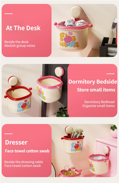 Cream Powder Cute Suction Cup Wall-Mounted Trash Bin with Bag Press Ring and Wide Opening - Multifunctional Organizer & Waste Basket for Office Living Room And Bedroom