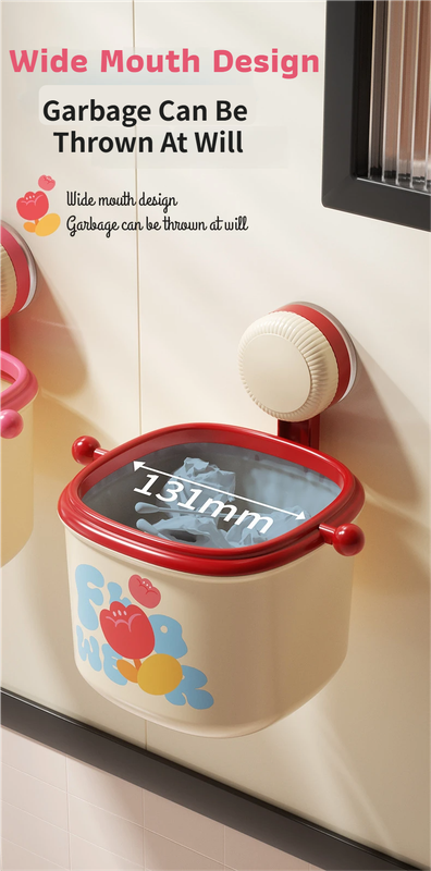 Cream Powder Cute Suction Cup Wall-Mounted Trash Bin with Bag Press Ring and Wide Opening - Multifunctional Organizer & Waste Basket for Office Living Room And Bedroom
