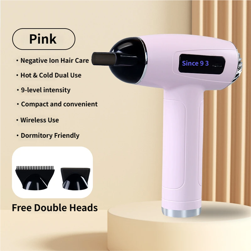 Pink Cordless Ionic Constant Heated Hair Dryer with LCD Display & 9 Wind Speeds - USB Rechargeable Hair Care Blow Dryer, Concentrator & Diffuser Included
