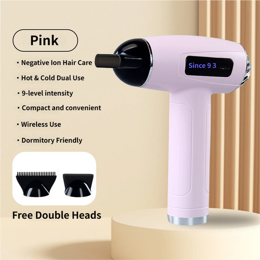 Pink Cordless Ionic Constant Heated Hair Dryer with LCD Display & 9 Wind Speeds - USB Rechargeable Hair Care Blow Dryer, Concentrator & Diffuser Included