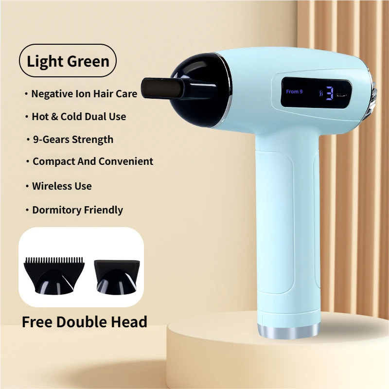 Light Green Cordless Ionic Constant Heated Hair Dryer with LCD Display & 9 Wind Speeds - USB Rechargeable Hair Care Blow Dryer, Concentrator & Diffuser Included