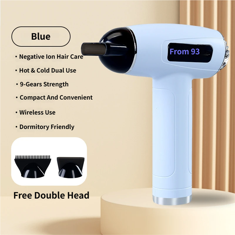 Blue Cordless Ionic Constant Heated Hair Dryer with LCD Display & 9 Wind Speeds - USB Rechargeable Hair Care Blow Dryer, Concentrator & Diffuser Included