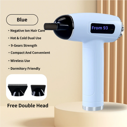 Blue Cordless Ionic Constant Heated Hair Dryer with LCD Display & 9 Wind Speeds - USB Rechargeable Hair Care Blow Dryer, Concentrator & Diffuser Included