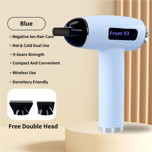 Blue Cordless Ionic Constant Heated Hair Dryer with LCD Display & 9 Wind Speeds - USB Rechargeable Hair Care Blow Dryer, Concentrator & Diffuser Included