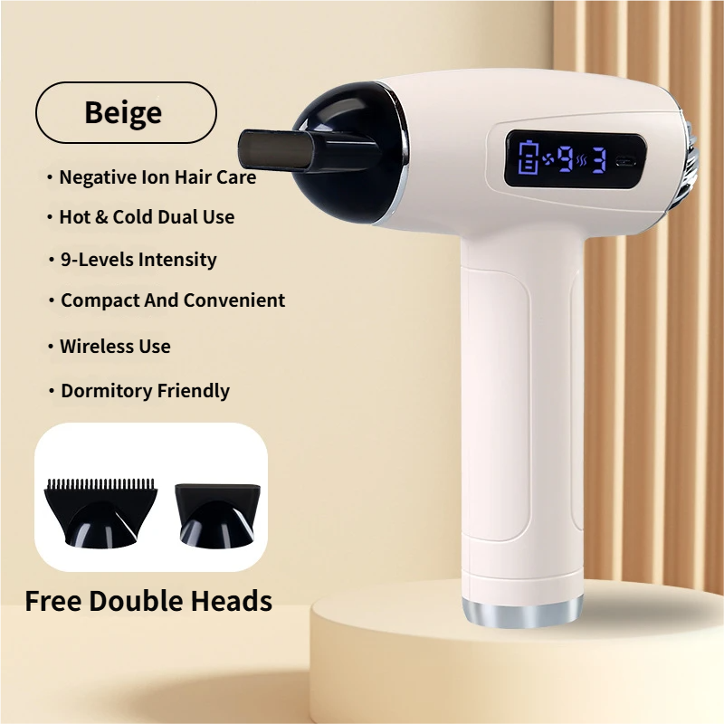 Beige Cordless Ionic Constant Heated Hair Dryer with LCD Display & 9 Wind Speeds - USB Rechargeable Hair Care Blow Dryer, Concentrator & Diffuser Included