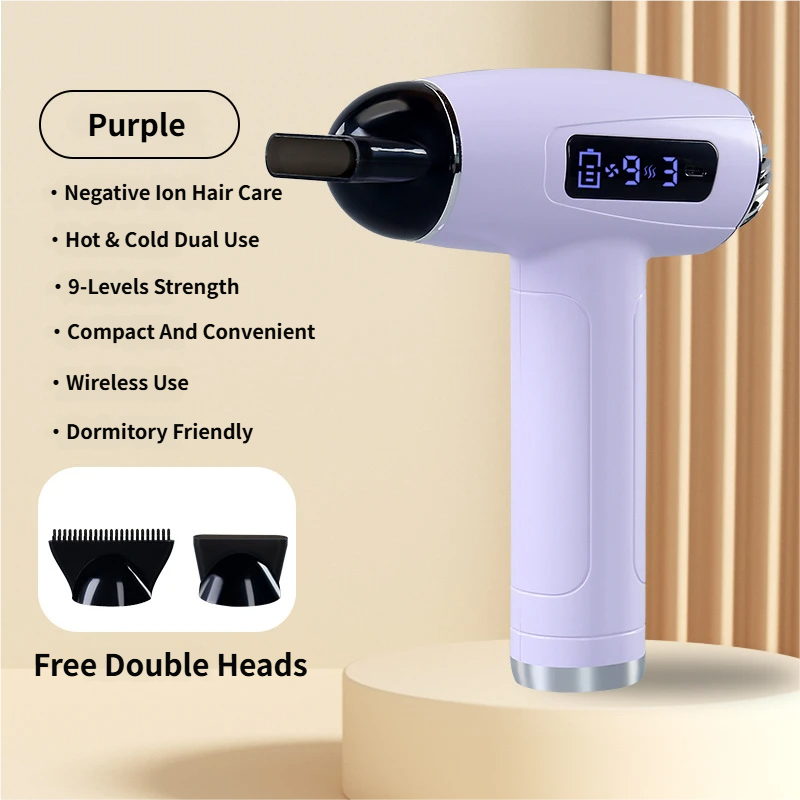 Purple Cordless Ionic Constant Heated Hair Dryer with LCD Display & 9 Wind Speeds - USB Rechargeable Hair Care Blow Dryer, Concentrator & Diffuser Included