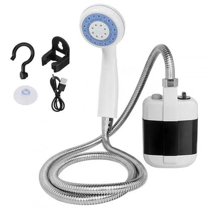 White Portable Outdoor Electric Shower Pump with 3-Mode Spray and 1.5m Flexible Hose - USB Rechargeable Handheld Shower Set for Camping, Hiking & Pet Washing