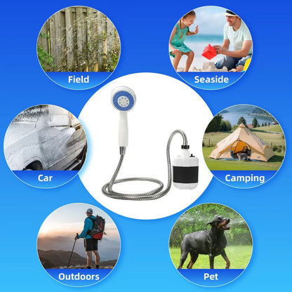 White Portable Outdoor Electric Shower Pump with 3-Mode Spray and 1.5m Flexible Hose - USB Rechargeable Handheld Shower Set for Camping, Hiking & Pet Washing