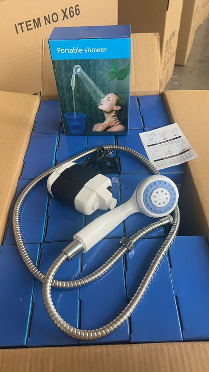 White Portable Outdoor Electric Shower Pump with 3-Mode Spray and 1.5m Flexible Hose - USB Rechargeable Handheld Shower Set for Camping, Hiking & Pet Washing