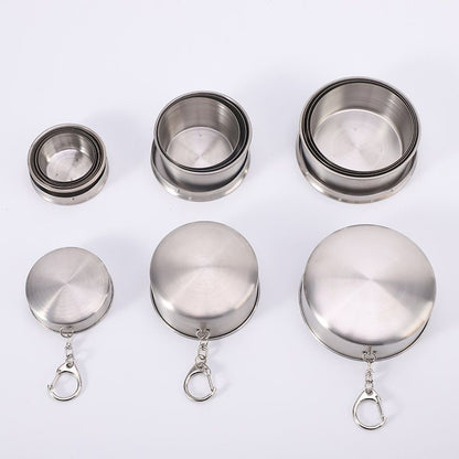 3-Capacity Silver Stainless Steel Collapsible Travel Cup Set(75ml + 150ml + 250ml) - Compact Telescopic Drinking Cup with Keychain & Dust-Proof Lid for Outdoor Hiking and Camping