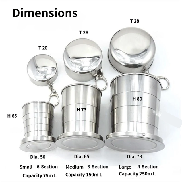 3-Capacity Silver Stainless Steel Collapsible Travel Cup Set(75ml + 150ml + 250ml) - Compact Telescopic Drinking Cup with Keychain & Dust-Proof Lid for Outdoor Hiking and Camping