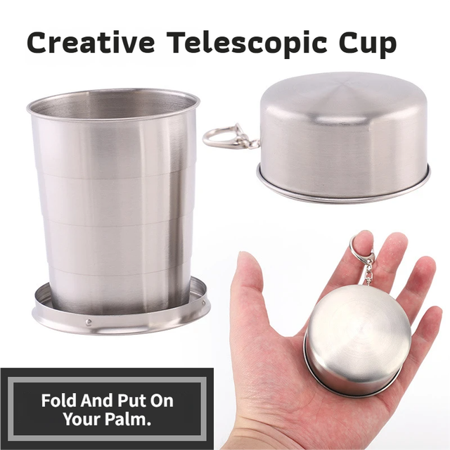3-Capacity Silver Stainless Steel Collapsible Travel Cup Set(75ml + 150ml + 250ml) - Compact Telescopic Drinking Cup with Keychain & Dust-Proof Lid for Outdoor Hiking and Camping