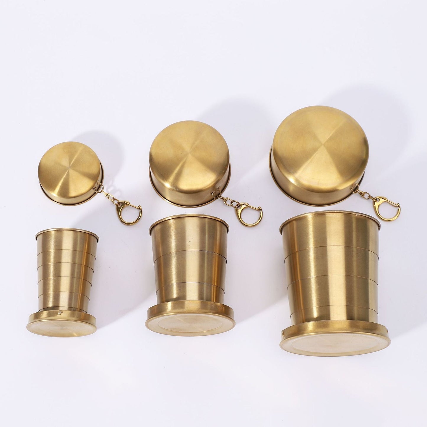3-Capacity Gold Stainless Steel Collapsible Travel Cup Set(75ml + 150ml + 250ml) - Compact Telescopic Drinking Cup with Keychain & Dust-Proof Lid for Outdoor Hiking and Camping